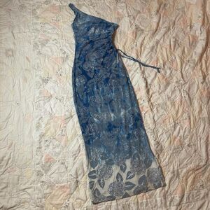 vintage y2k blue to white ombre sparkly cinched one sleeve fairy floral gown